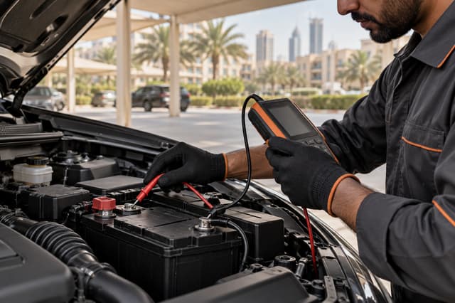 Technician replacing a car battery at the roadside in Dubai Sports City