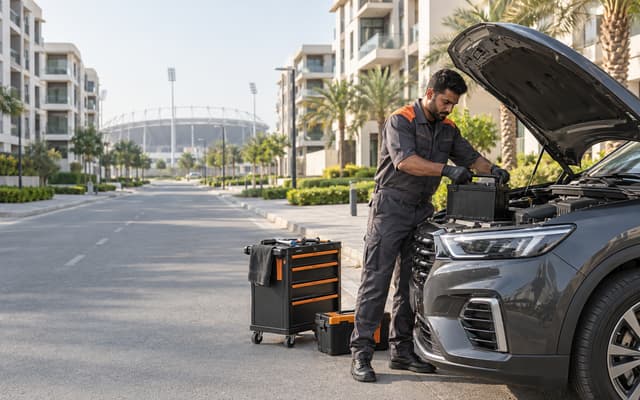 Car recovery truck loading a vehicle in Dubai Sports City