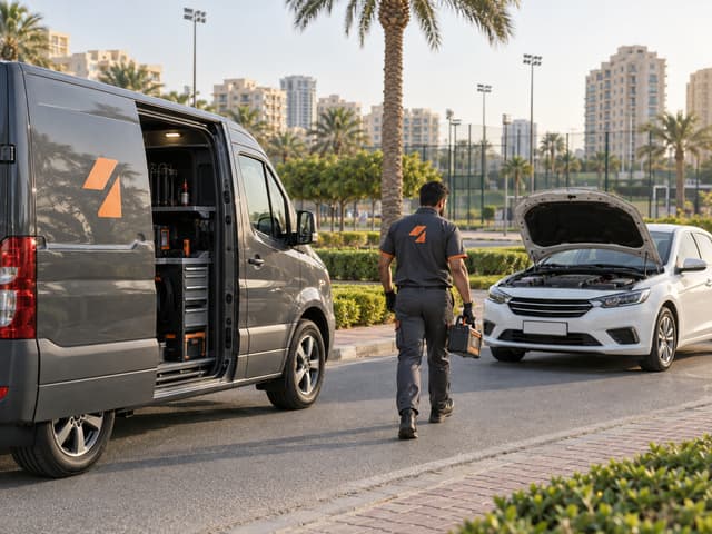 Jump starting a car with booster cables in Dubai Sports City
